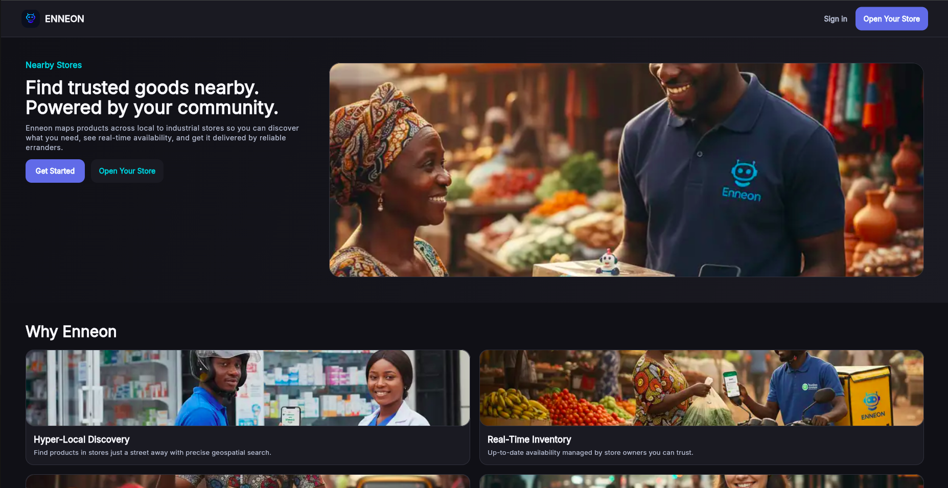 Enneon Stores Local marketplace,Hyperlocal commerce,Online-to-offline retail,Last-mile delivery / errand logistics Storefront by Enneon Technologies